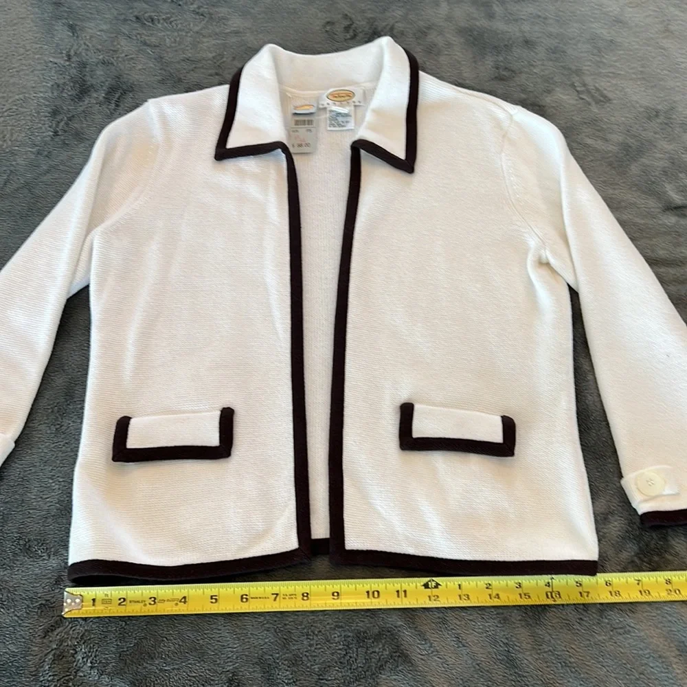 🎉Host Pick 2x🎉Talbots White Open Front Cardigan w/Brown Pipping Small Petite - Picture 6 of 11